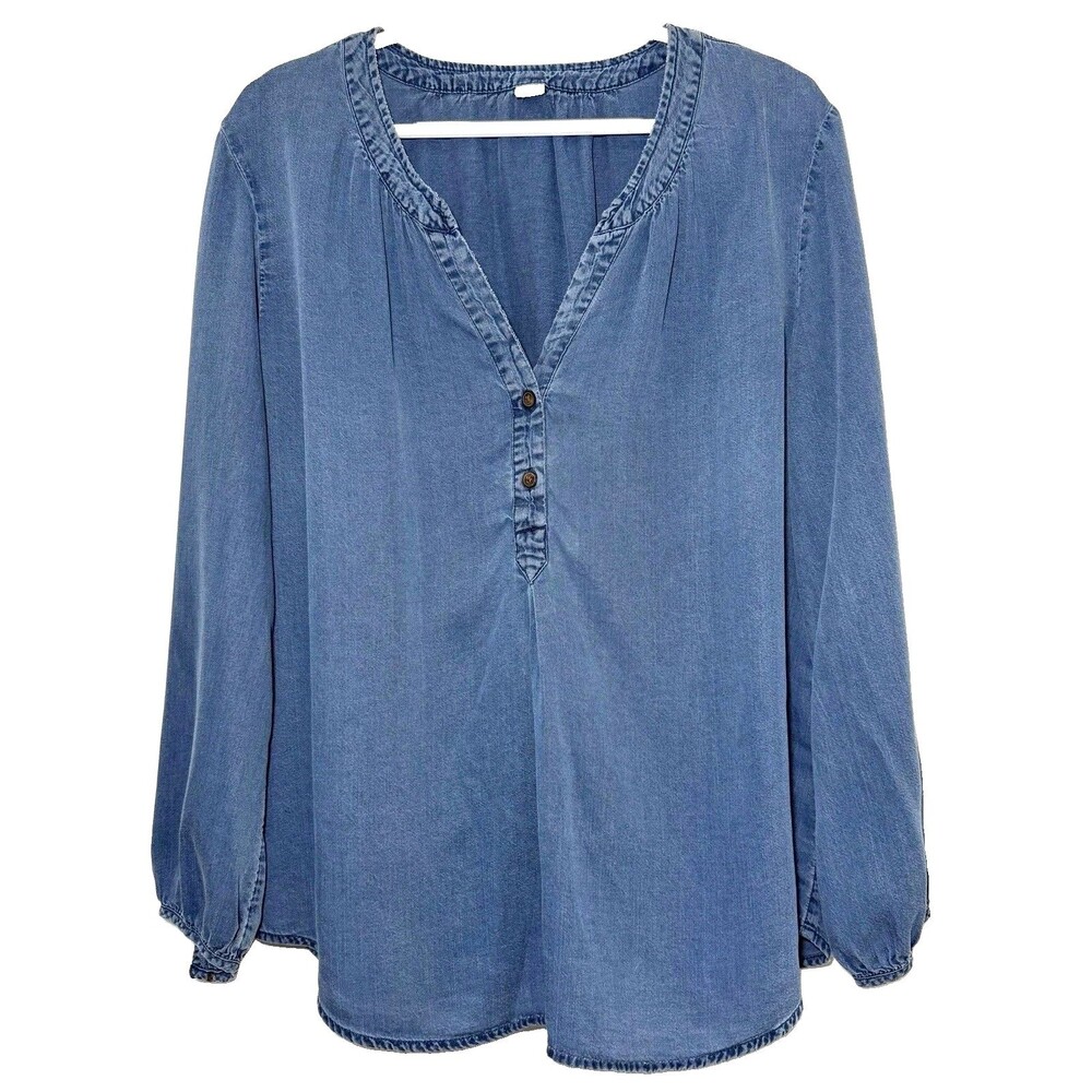 Old Navy XL Blue Lyocell Chambray Blouse Split Neck Long Sleeve Lightweight